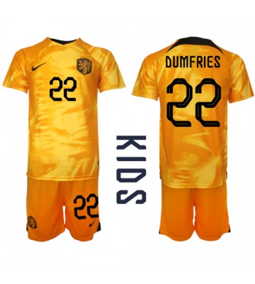 Holandia Denzel Dumfries #22 Koszulka Podstawowych Dziecięca MŚ 2022 Krótki Rękaw (+ Krótkie spodenki)
